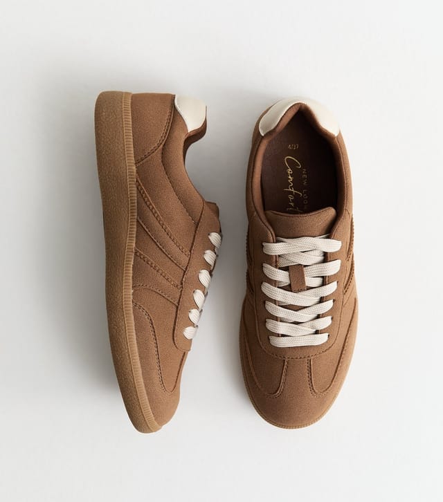 New Look Women's Tan Faux Suede Contrast Stripe Trainers Vegan New Look - 2
