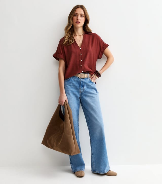 New Look Women's Dark Red Crinkled Short Sleeve Shirt New Look - 3