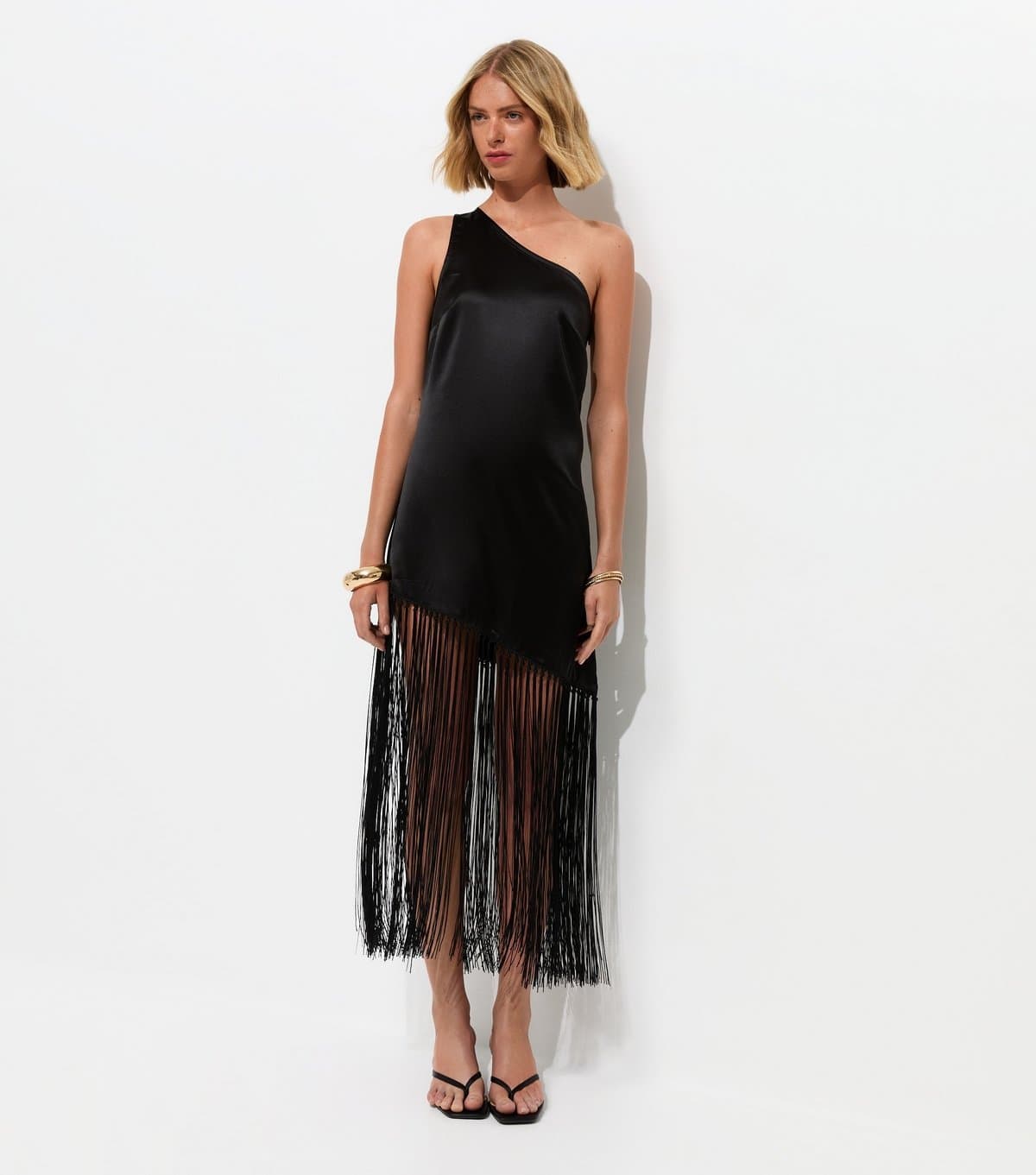 New Look Women's Black Satin One Shoulder Tassel Trim Midi Dress New Look