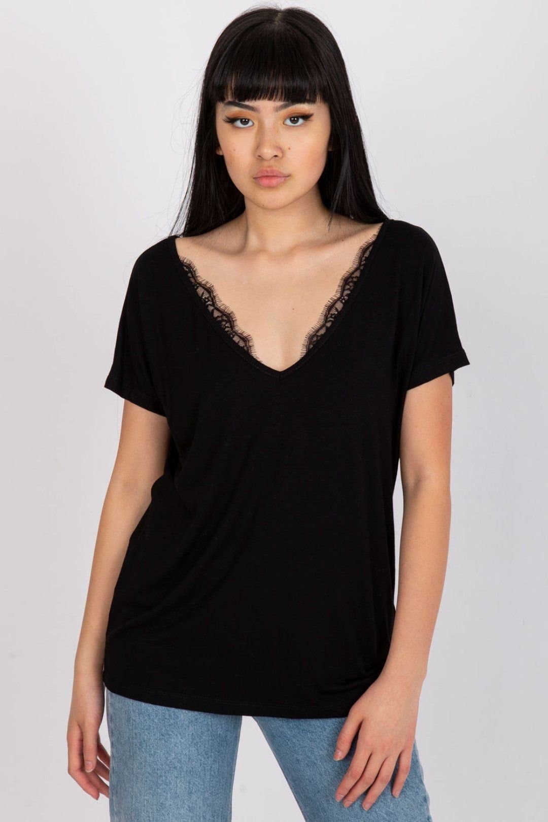 Love Lace Love Lace Women's Short Sleeve V Neck Lace Trim T-Shirt in Black