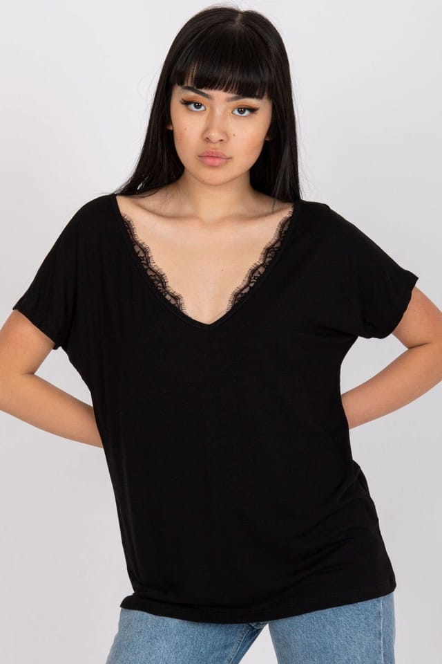 Love Lace Love Lace Women's Short Sleeve V Neck Lace Trim T-Shirt in Black - 3