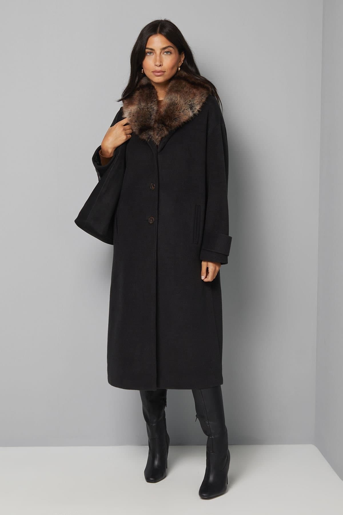 Wallis Wallis Women's Faux Fur Collar Tab Cuff Coat in Black