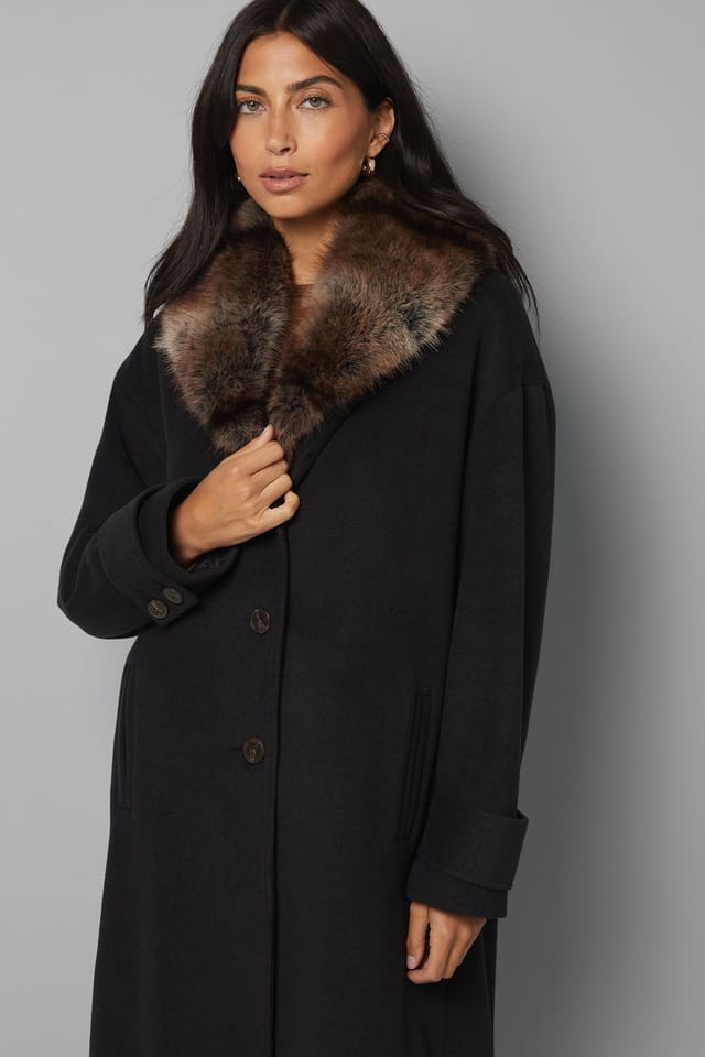 Wallis Wallis Women's Faux Fur Collar Tab Cuff Coat in Black - 2