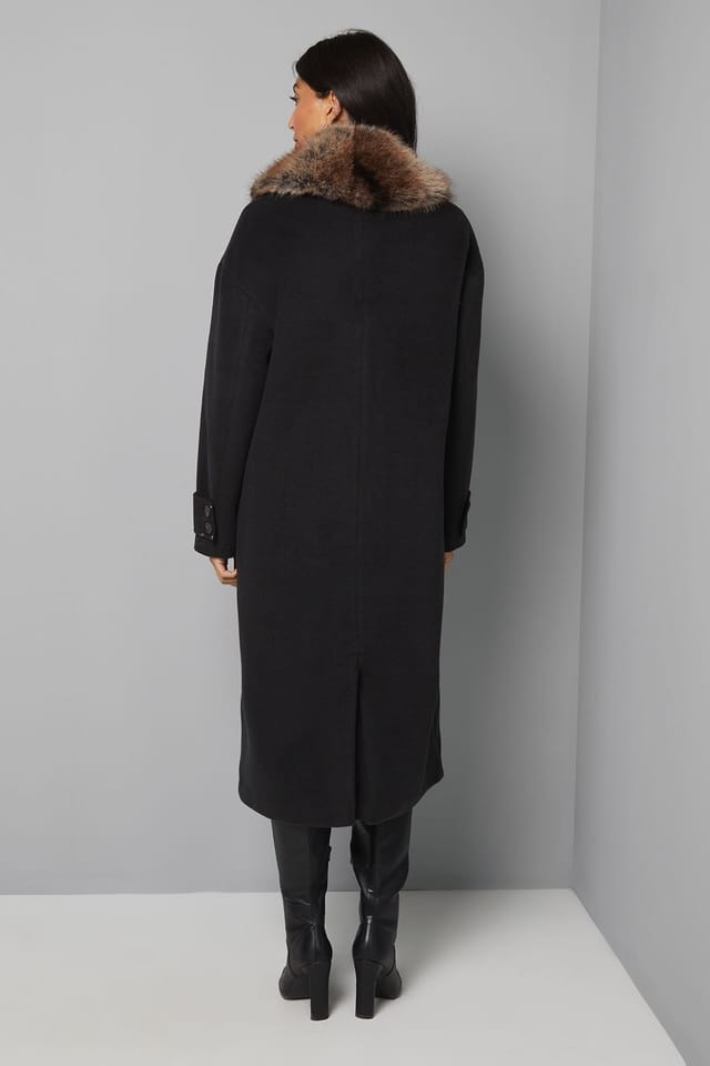 Wallis Wallis Women's Faux Fur Collar Tab Cuff Coat in Black - 3