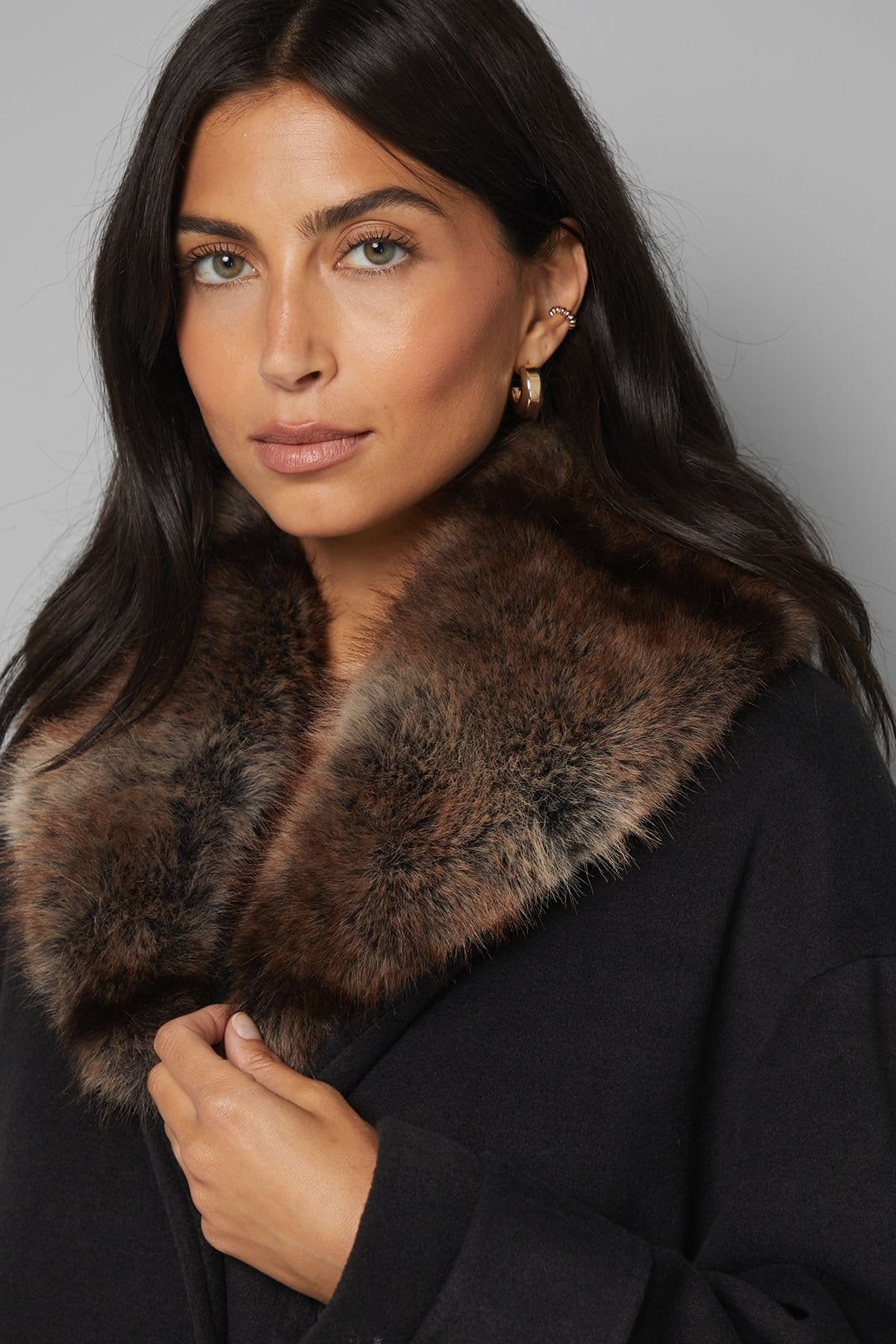 Wallis Wallis Women's Faux Fur Collar Tab Cuff Coat in Black - 4