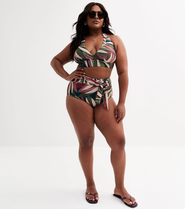 New Look Women's Plus Size Green Leaf Print High Waisted Bikini Bottoms Curves New Look - 3