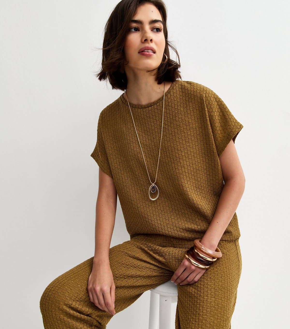 New Look Women's Khaki Brown Textured Short Sleeve Top New Look