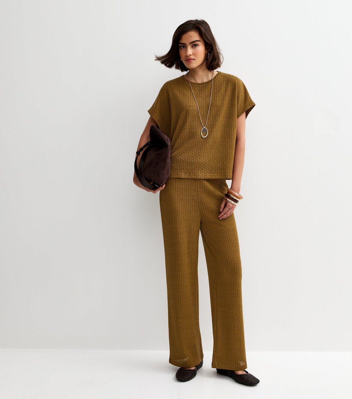 New Look Women's Khaki Brown Textured Short Sleeve Top New Look - 3