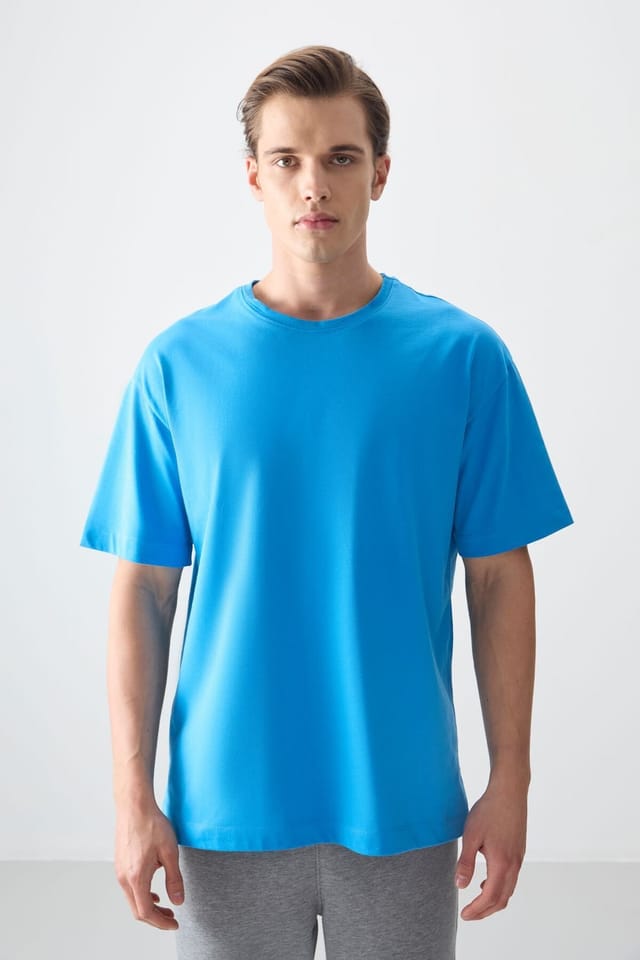 Tommy Life Tommy Life Men's Oversized Cotton Crew Neck T-Shirt in Bright Blue - 2
