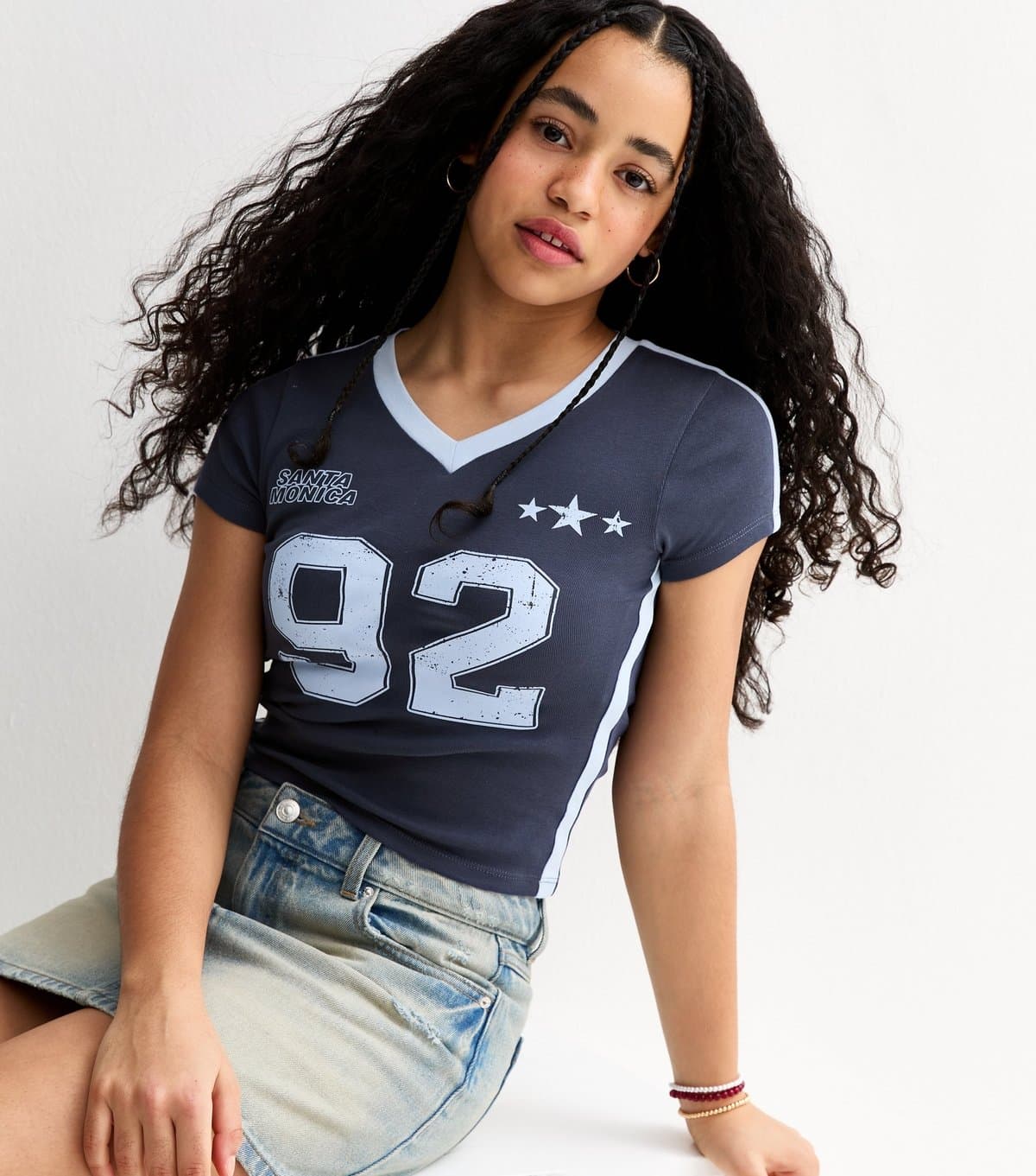 New Look Girls' Navy 92 Santa Monica Print Fitted Football Top New Look
