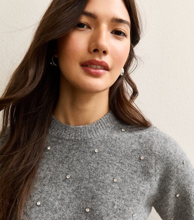 New Look Women's Mid Grey Diamanté Embellished Short Sleeve Top New Look - 2