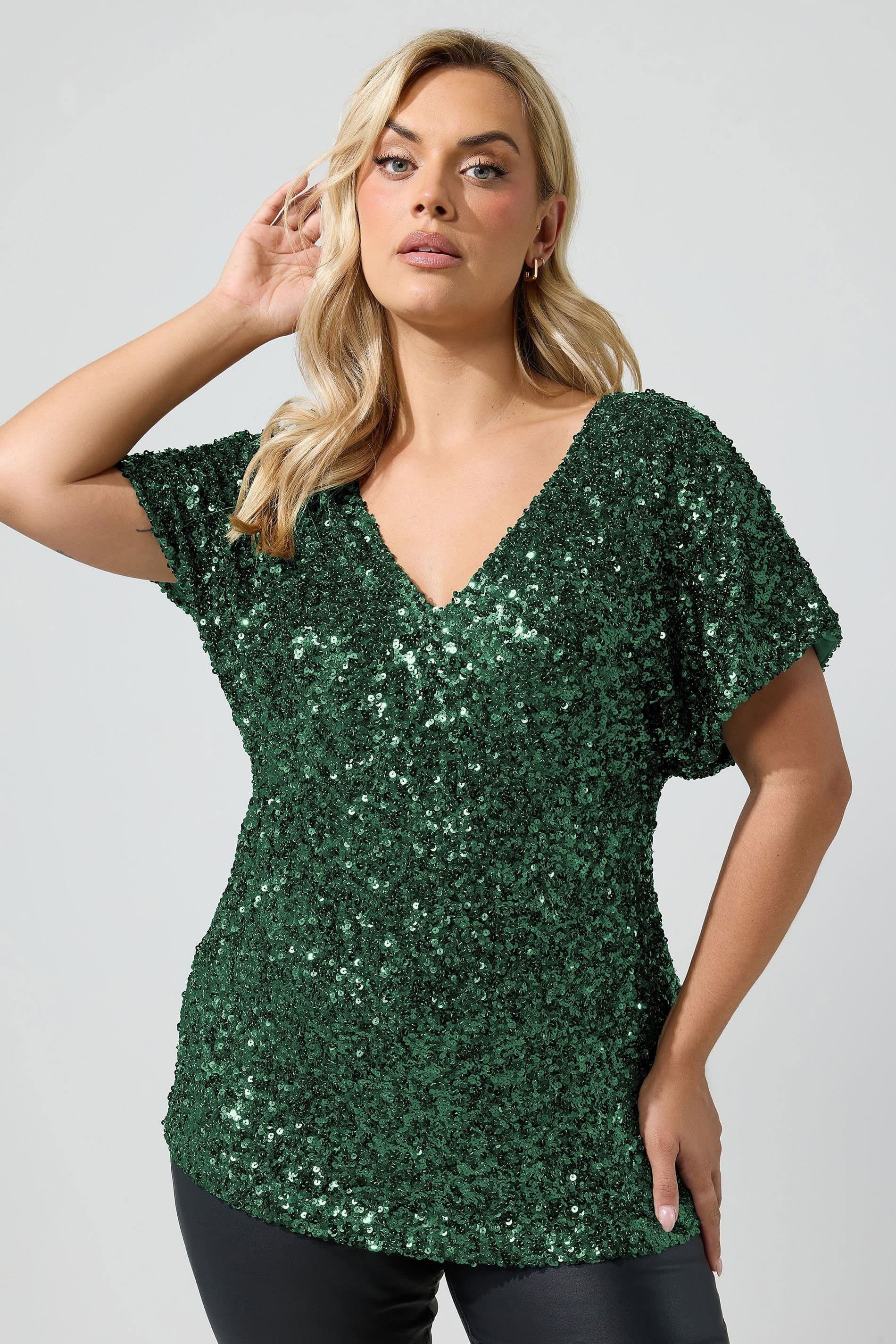 Yours Yours Women's Sequin Short Sleeve Top in Green