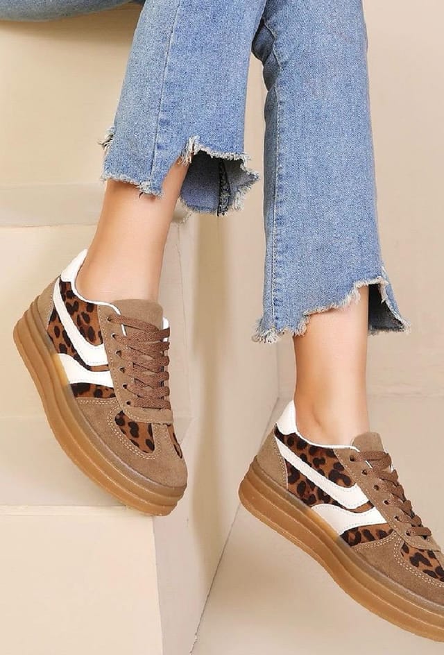 LARANGE LARANGE Women's Women Lace Up Leopard Platform Trainers Shoes in Black - 3