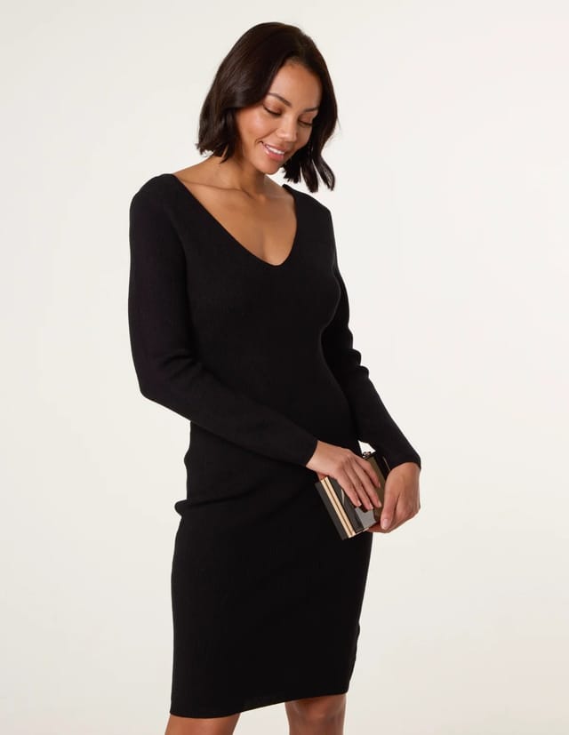 Blue Vanilla V Neck Bow Back Detailed Knitted Dress - 3