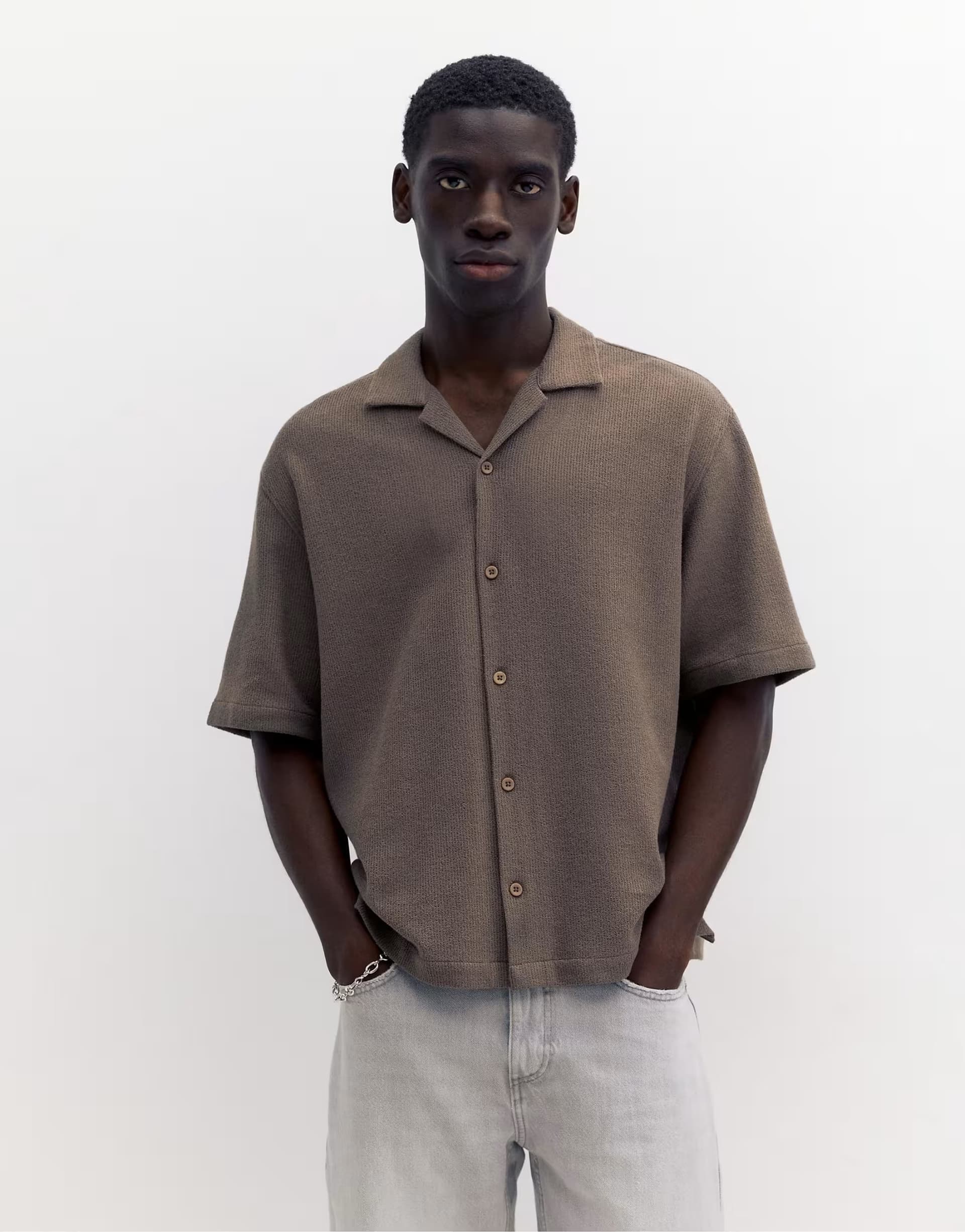 ASOS Pull&Bear Terrycloth short sleeve shirt in mole brown