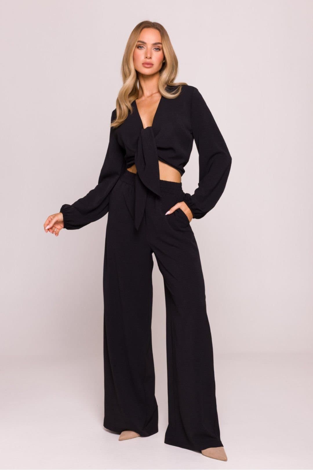Love Lace Love Lace Women's Lightweight Crepe Wide Leg Trousers Elastic Waist in Black