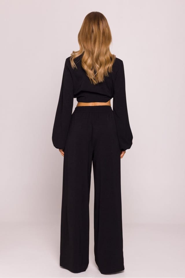 Love Lace Love Lace Women's Lightweight Crepe Wide Leg Trousers Elastic Waist in Black - 2
