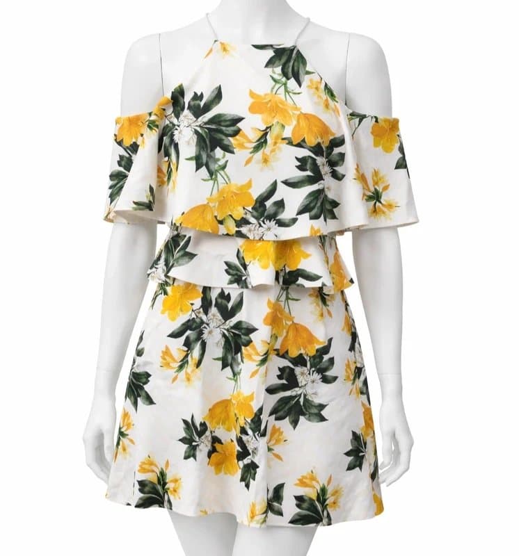 ASOS ASOS Yellow Floral Cold Shoulder Ruffle Dress White Summer Mini UK 6 BNWT