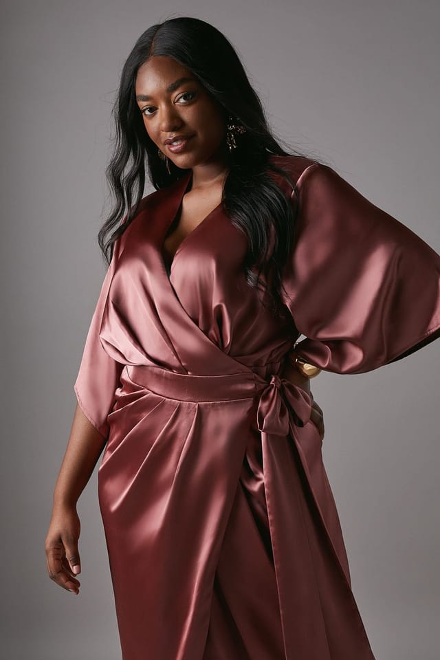 Coast Coast Women's Plus Satin Pleat Front Midi Wrap Dress in Rose - 2