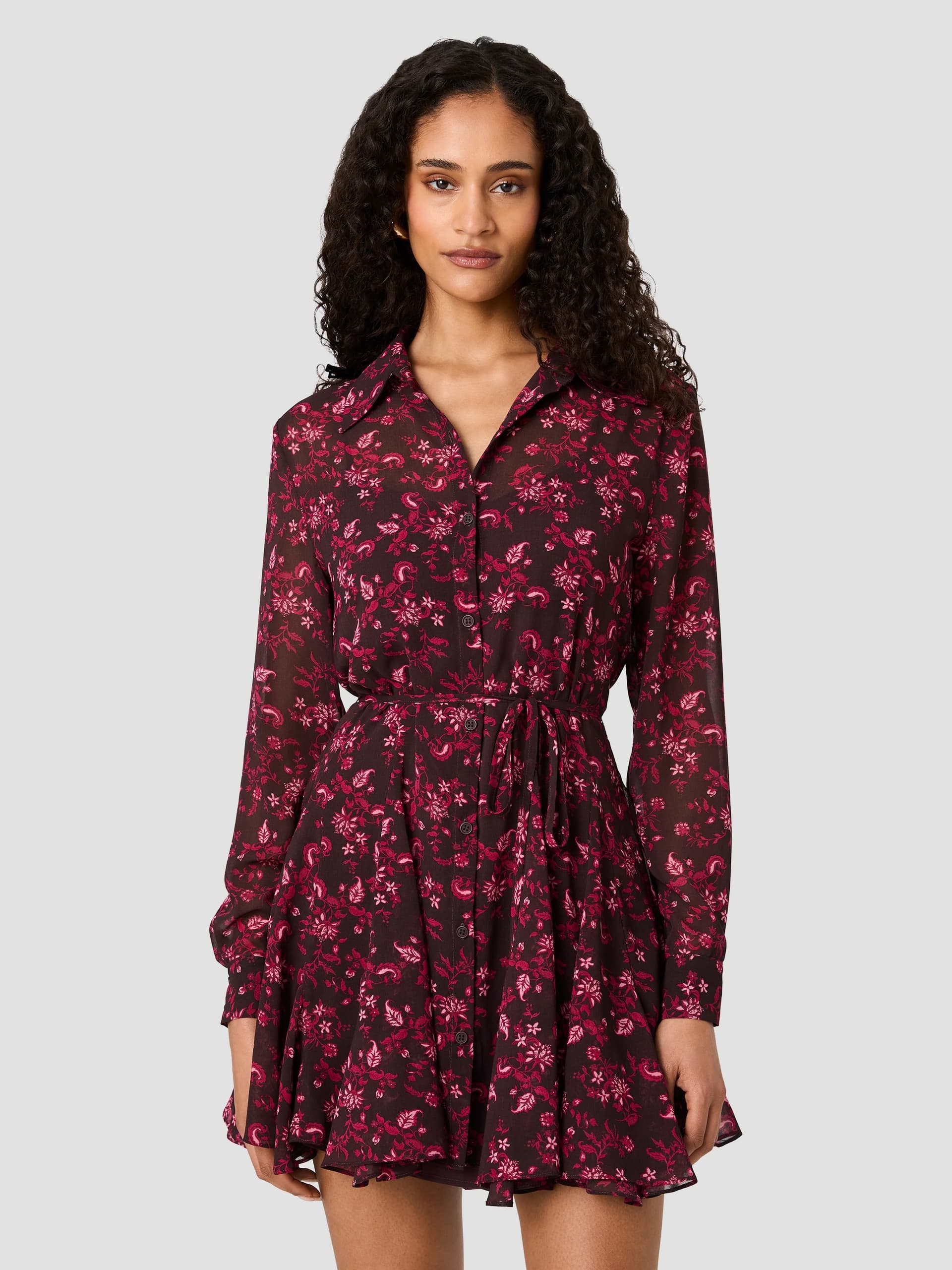 French Connection Marina Floral Silky Chiffon Shirt Mini Dress Black Multi