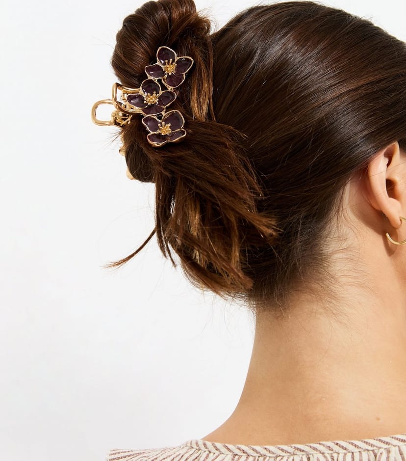 New Look Burgundy Flower Cluster Metal Bulldog Hair Clip New Look - 1
