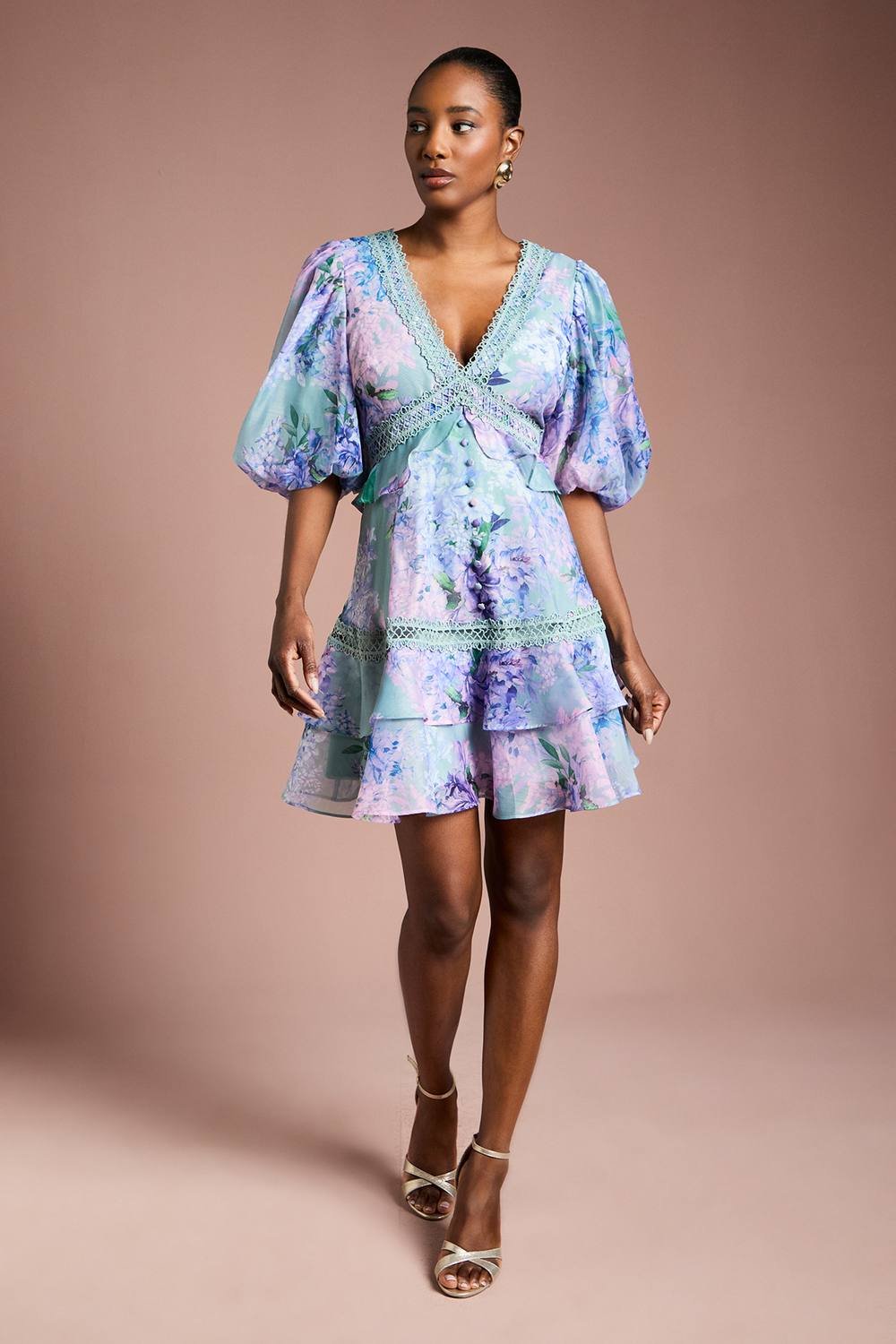 Coast Coast Women's Lace Trim Puff Sleeve Organza Mini Dress in Sage - 2