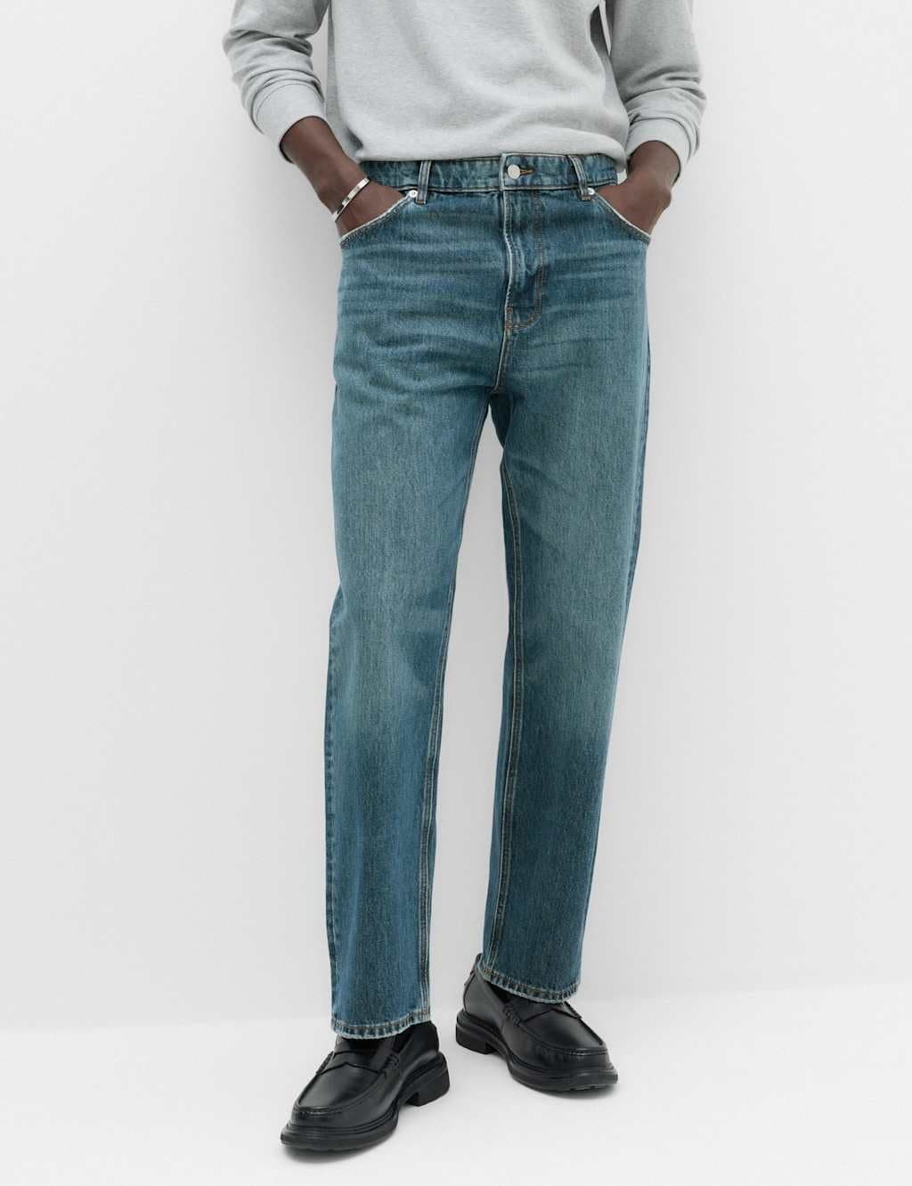Marks & Spencer M&S Straight Fit Pure Cotton Heavyweight Jeans Medium Blue