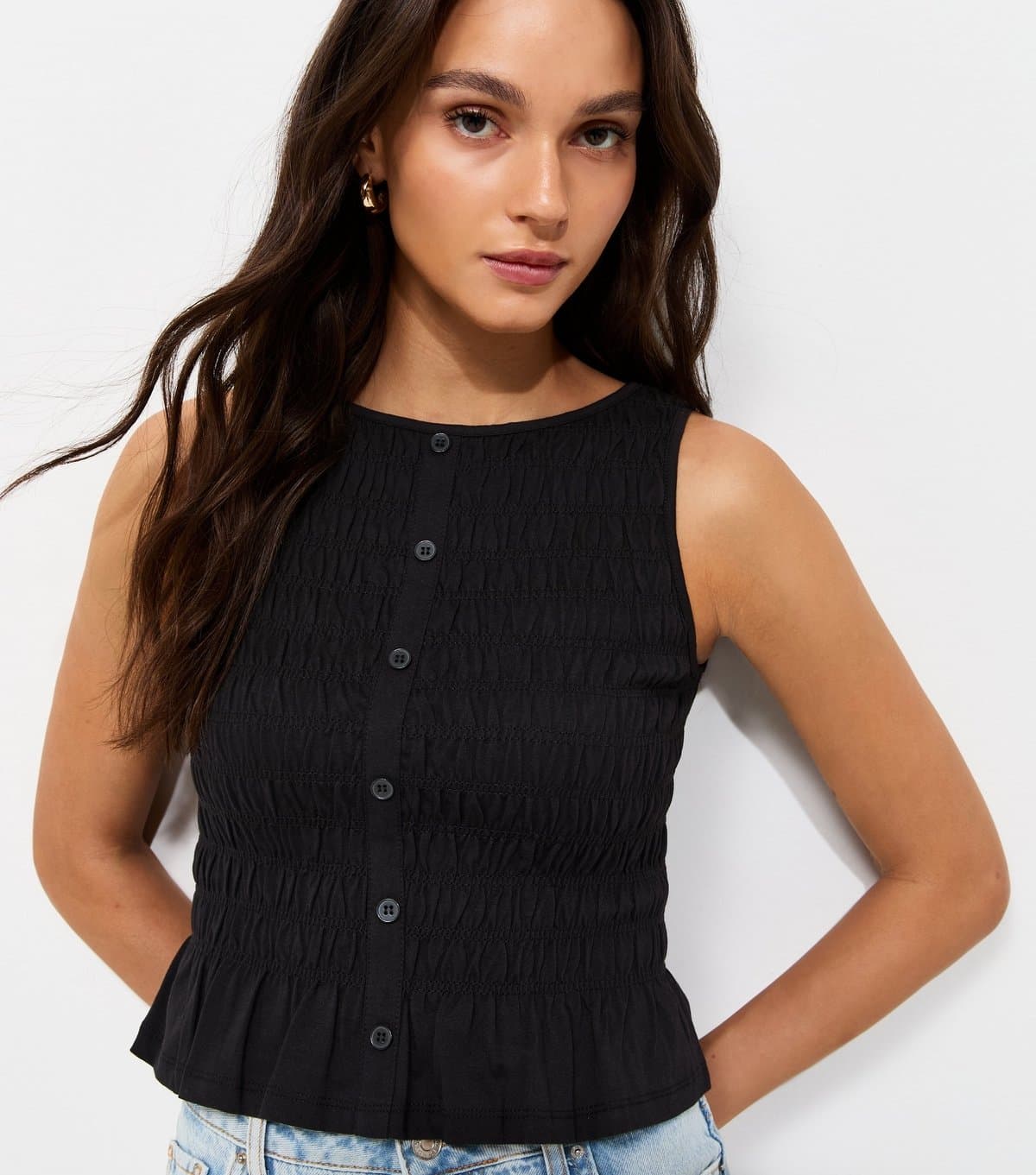 New Look New Look Black Cotton Shirred Flared Hem Top