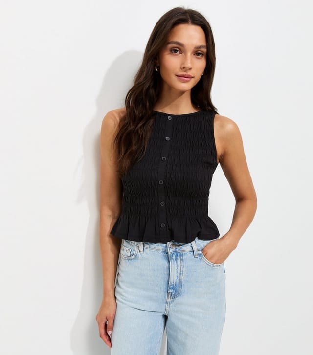 New Look Women's Black Cotton Faux Button Shirred Flared Hem Top New Look - 2