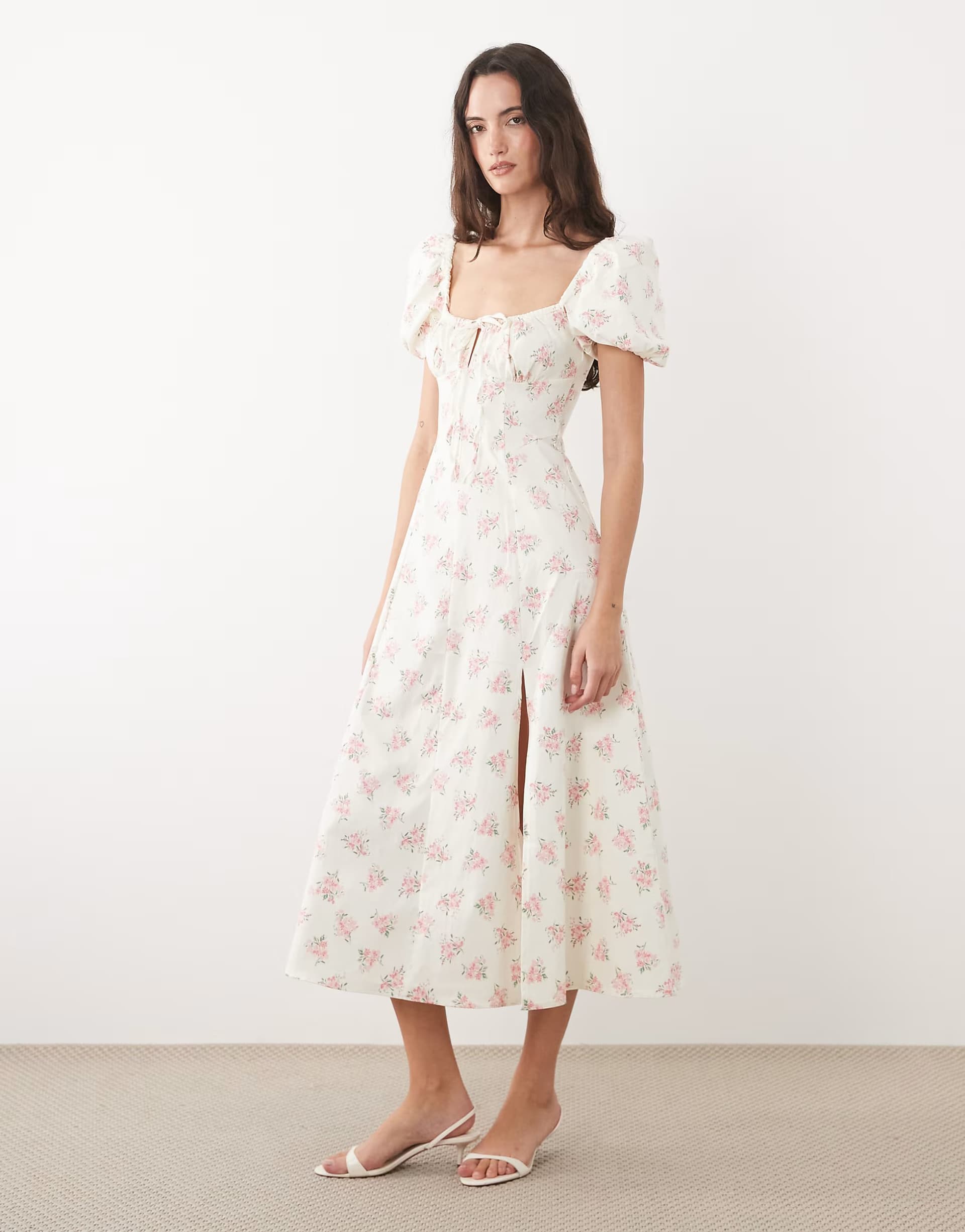 ASOS New Look floral bouquet milkmaid midi dress in white