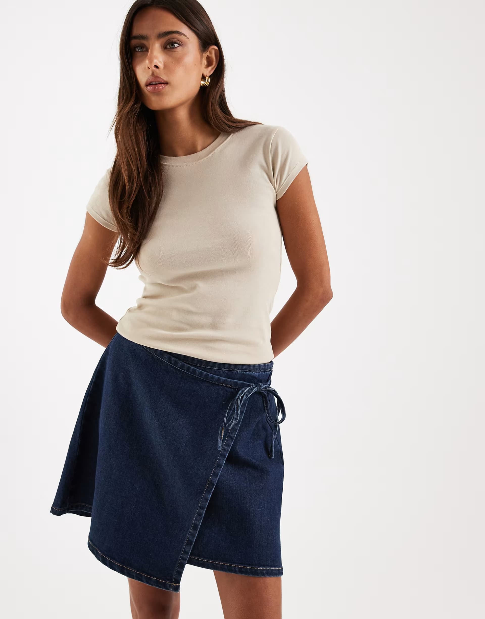 ASOS Pieces tie waist denim mini skirt in dark indigo blue