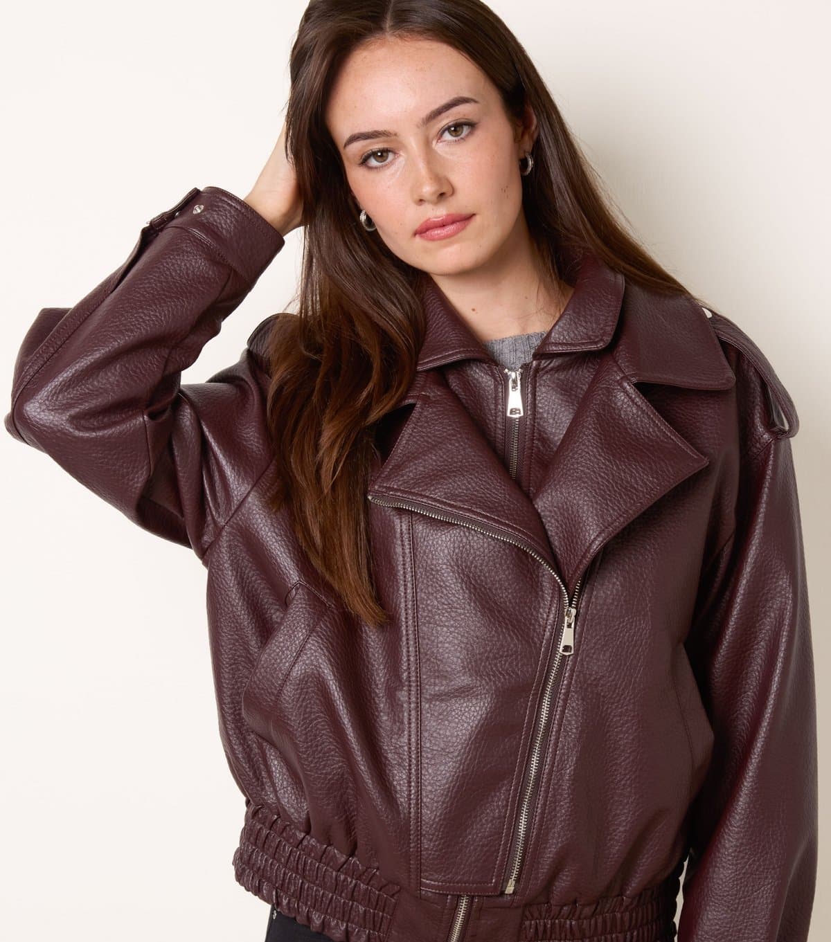 Blue Vanilla Women's Dark Burgundy Faux Leather Double Zip Oversized Jacket Blue Vanilla New Look