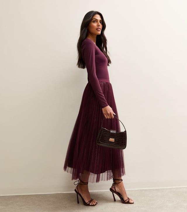 New Look Women's Burgundy Sequin Tulle Midi Skirt New Look - 3