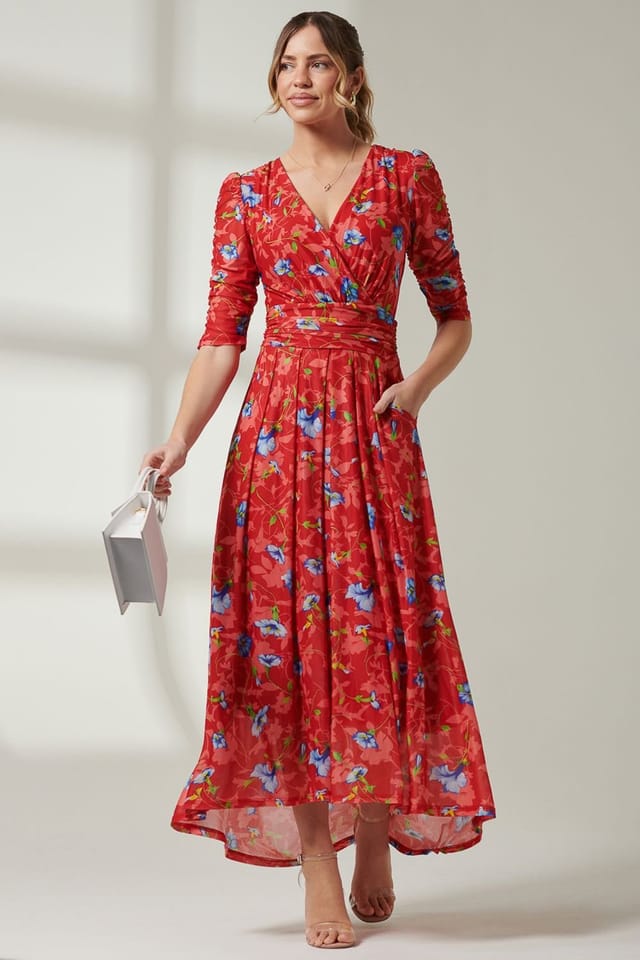 Jolie Moi Jolie Moi Women's Gavina Ruched Sleeve Mesh Maxi Dress in Red - 2
