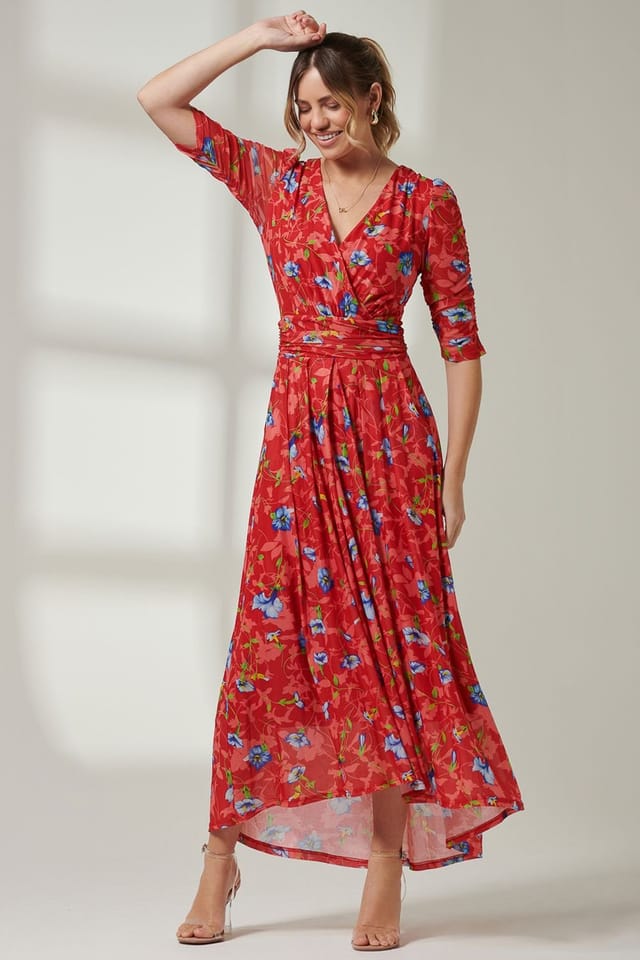 Jolie Moi Jolie Moi Women's Gavina Ruched Sleeve Mesh Maxi Dress in Red - 3