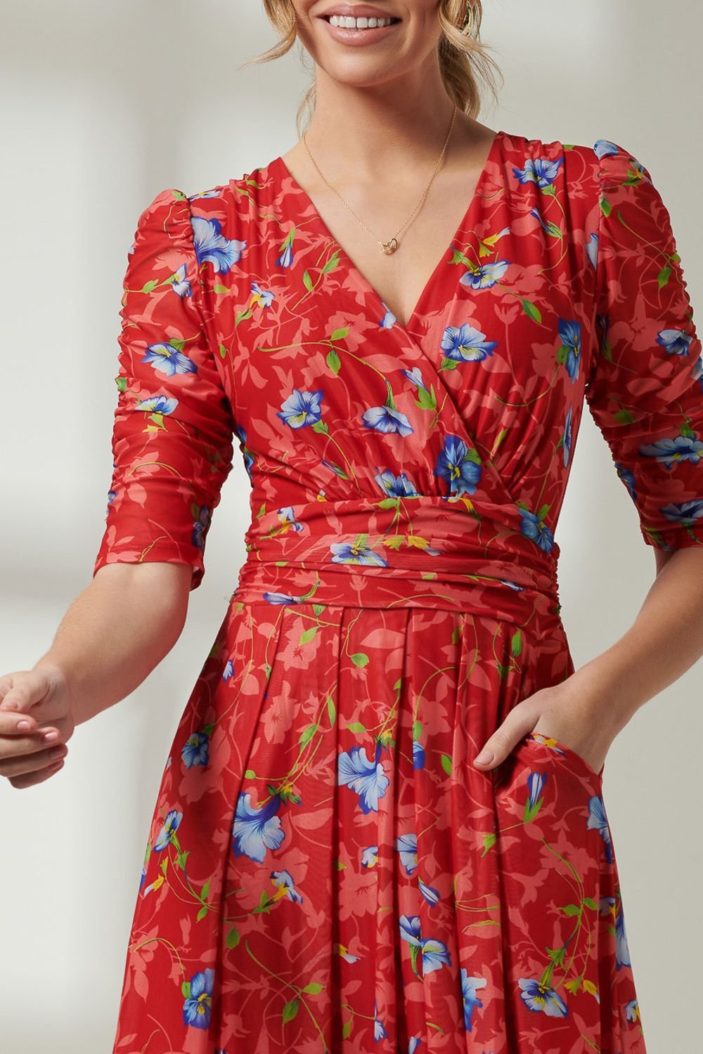 Jolie Moi Jolie Moi Women's Gavina Ruched Sleeve Mesh Maxi Dress in Red - 4