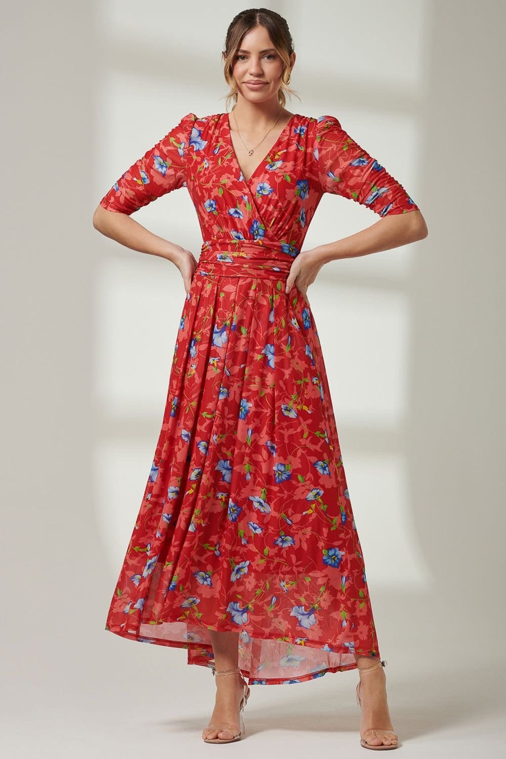 Jolie Moi Jolie Moi Women's Gavina Ruched Sleeve Mesh Maxi Dress in Red - 4