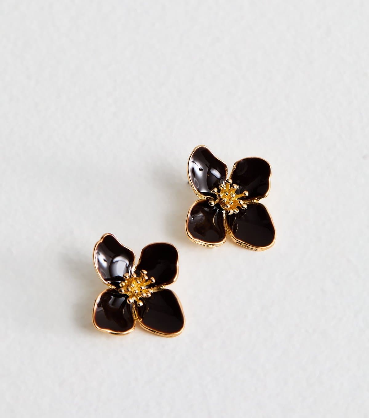 New Look Gold Tone Dark Brown Enamel Flower Stud Earrings New Look