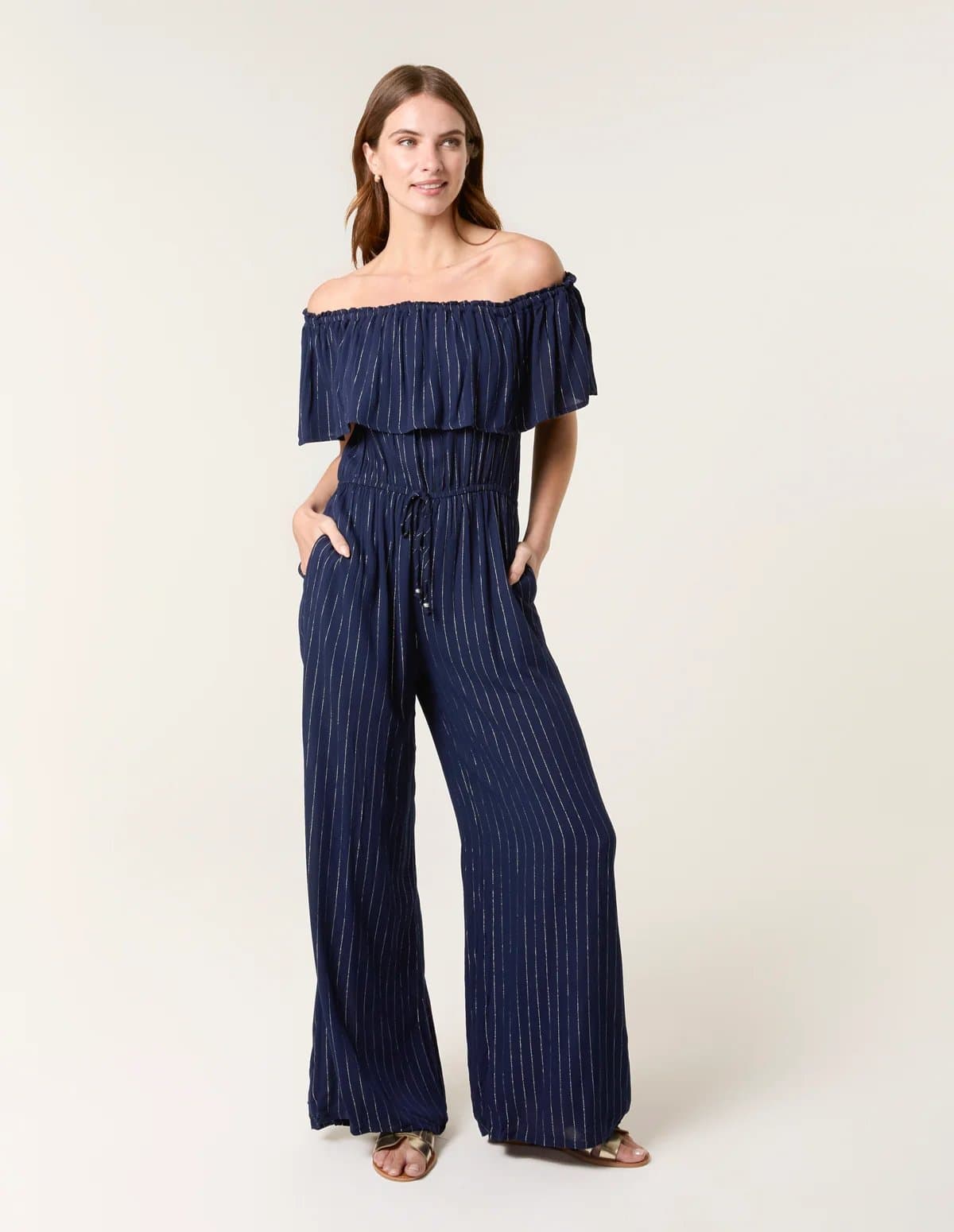 Blue Vanilla Bardot Tie Waist Jumpsuit