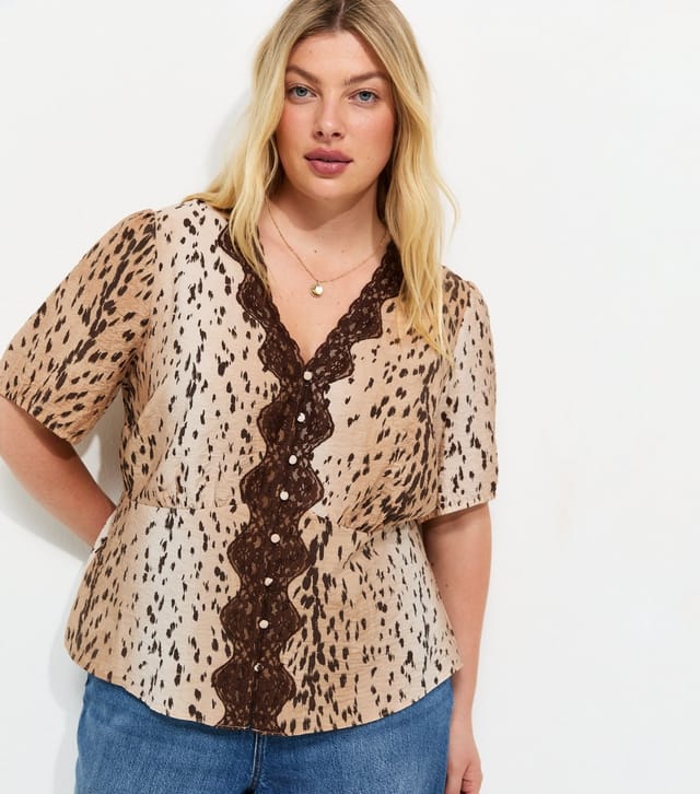 New Look Women's Plus Size Brown Crinkle Texture Animal Print Lace Trim Button Tea Top Curves New Look - 2