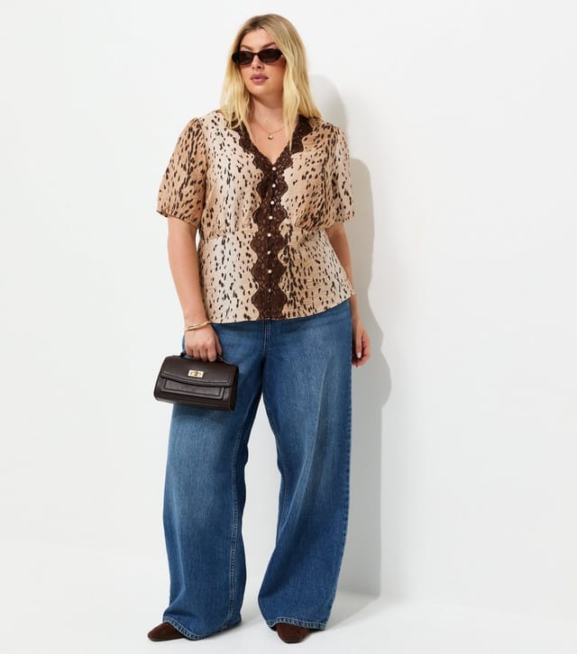 New Look Women's Plus Size Brown Crinkle Texture Animal Print Lace Trim Button Tea Top Curves New Look - 3