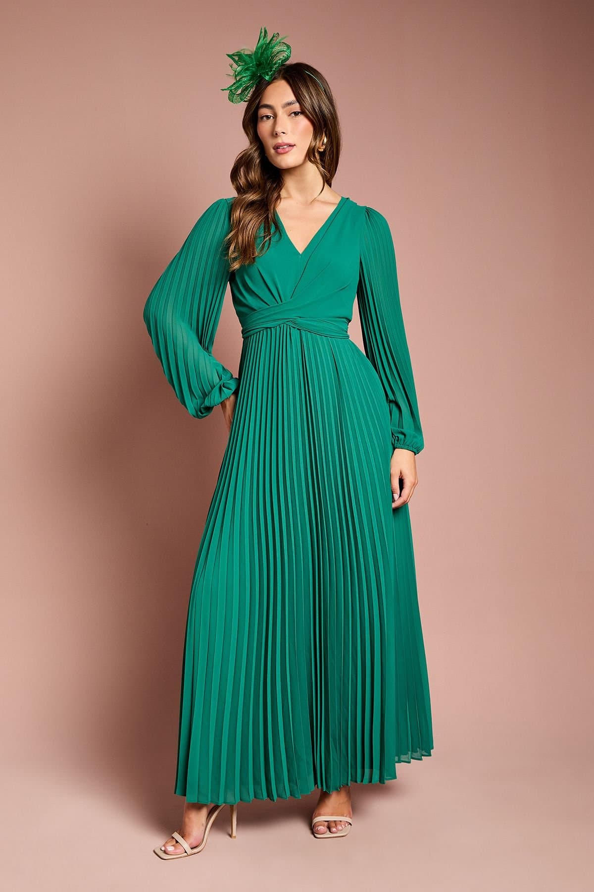 Coast Coast Women's Pleated Wrap Front Dress in Emerald