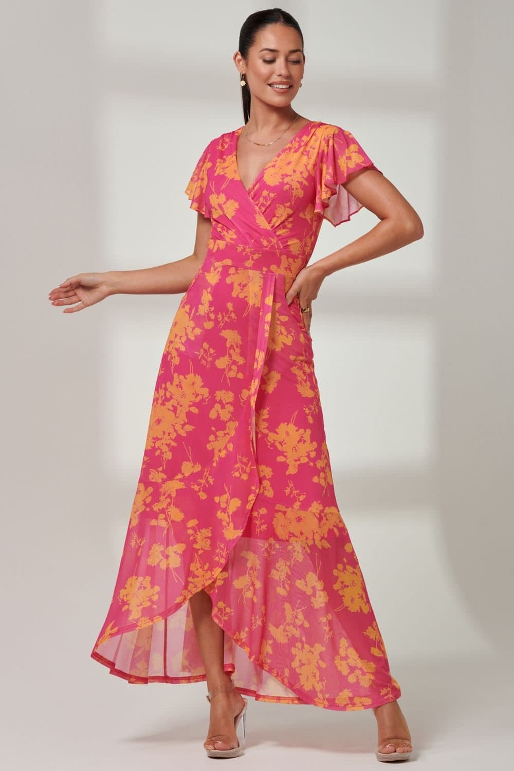 Jolie Moi Jolie Moi Women's Gisselle Ruffle Hem Mesh Maxi Dress in Pink