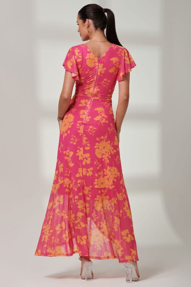 Jolie Moi Jolie Moi Women's Gisselle Ruffle Hem Mesh Maxi Dress in Pink - 2