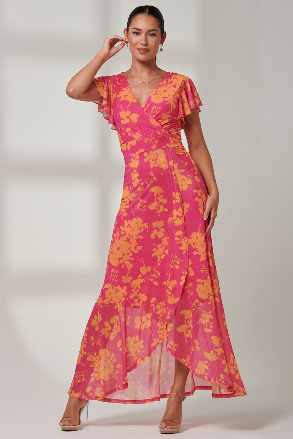 Jolie Moi Jolie Moi Women's Gisselle Ruffle Hem Mesh Maxi Dress in Pink - 4