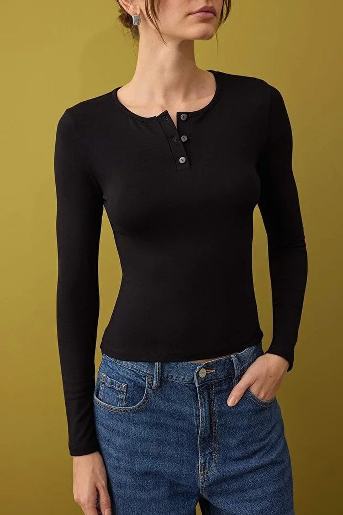 WOVCOR WOVCOR Women's Crew Neck Button Front Stretch Knit Blouse in Black - 2