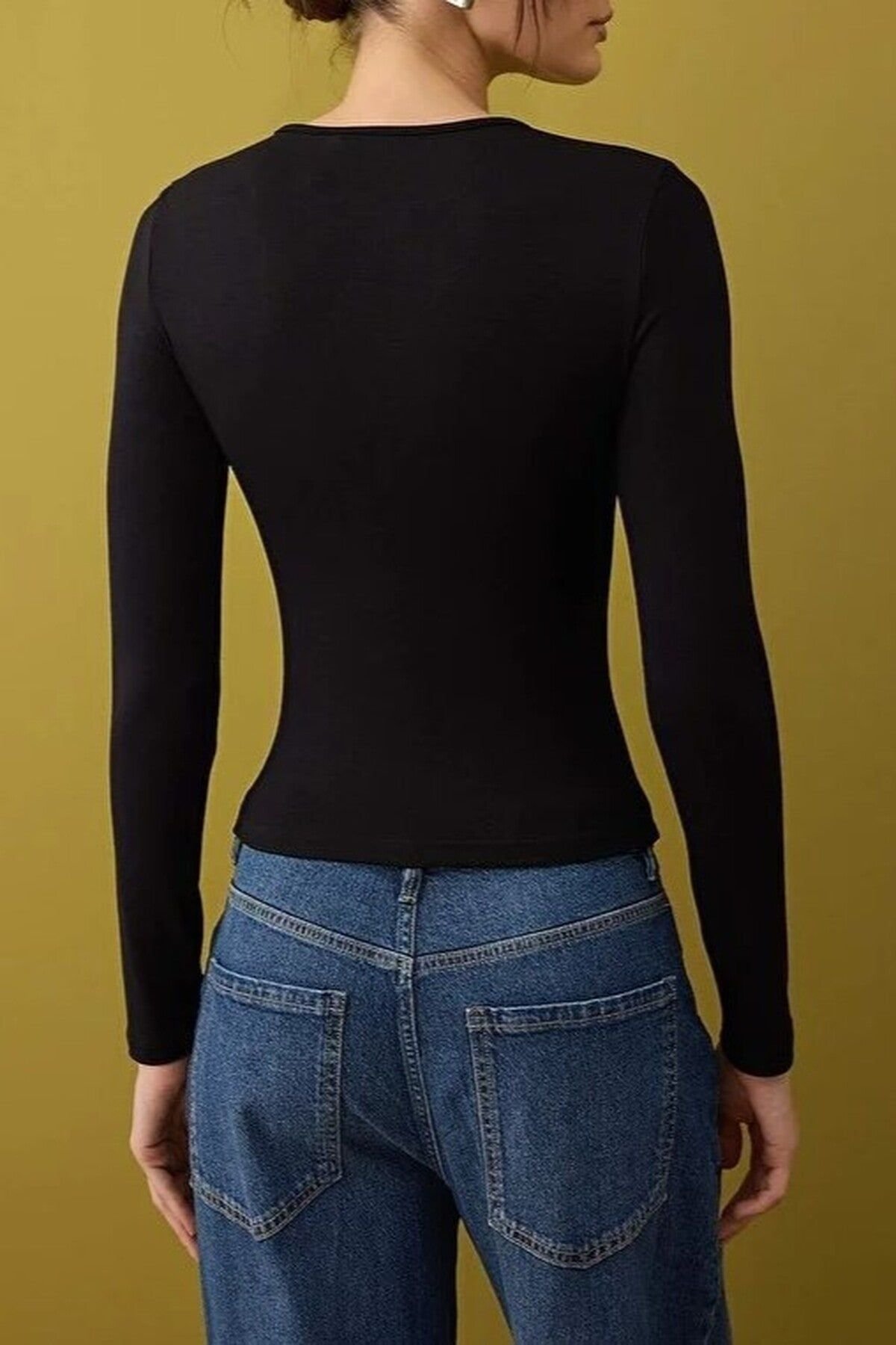 WOVCOR WOVCOR Women's Crew Neck Button Front Stretch Knit Blouse in Black - 3