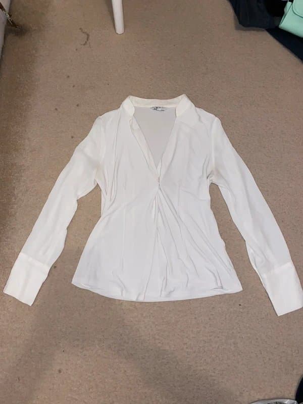 Next Old next white fitted silky soft shirt with ruched synched corset like detail