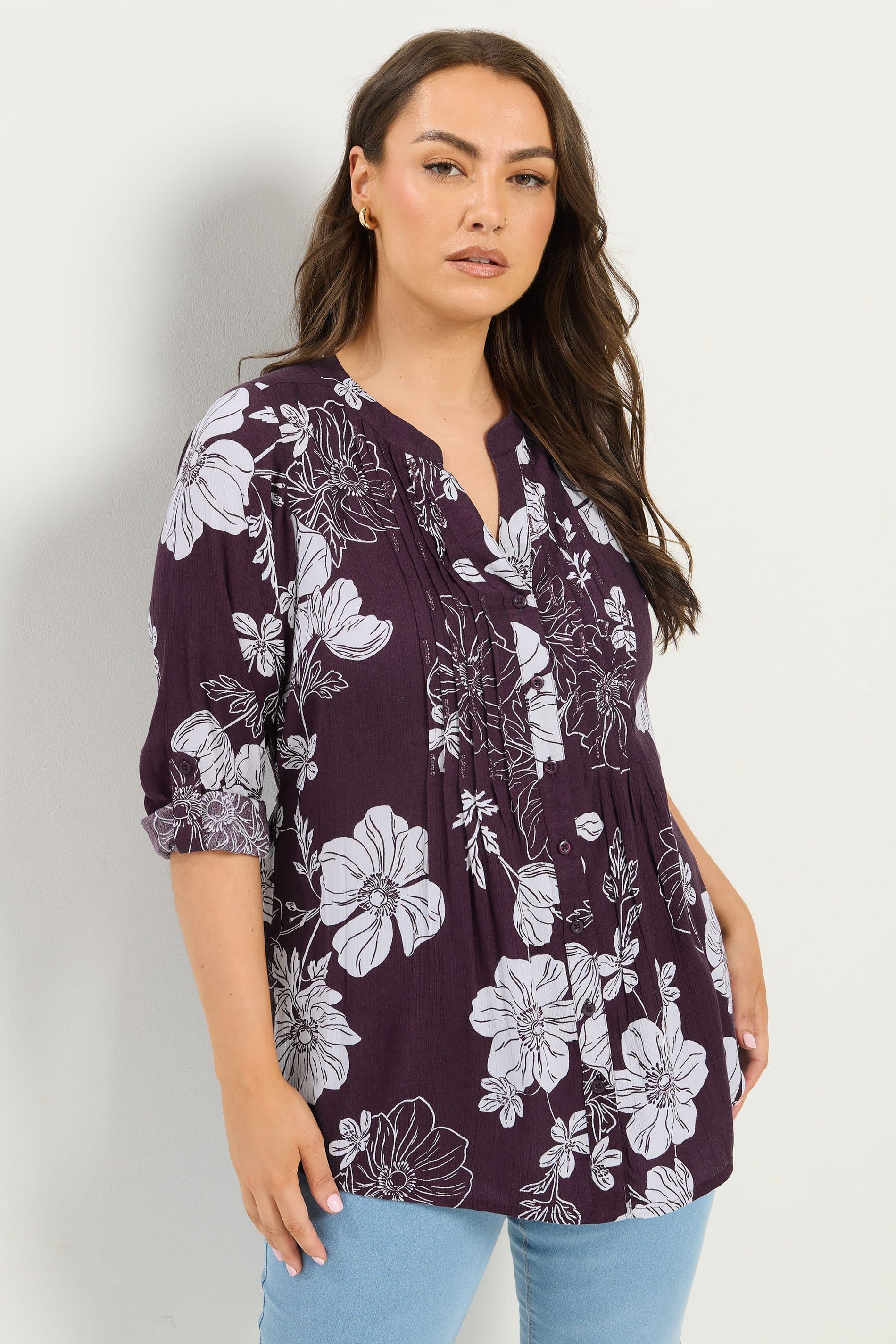 Yours Plus Size Purple Floral Pintuck Top