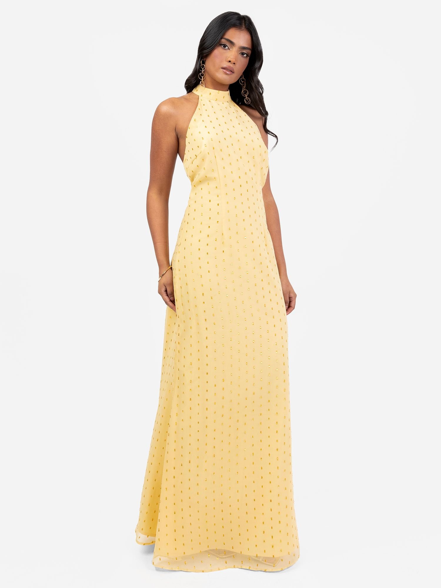 Anaya with Love Anaya with Love Women's Gold Foil Halter Neck Maxi Dress in Yellow - 2
